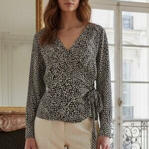 Talbots Black White Abstract Dot Partial Wrap Long Sleeve Top XL